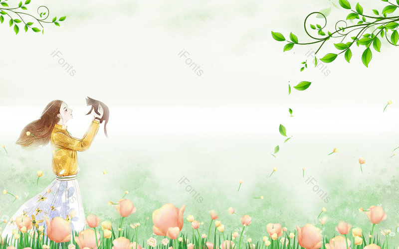 绿色小清新春天逗猫赏花的女孩宣传背景,插画/手绘图,插画/手绘图库,插画/手绘图下载,插画/手绘